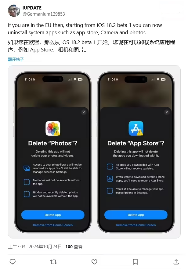 漳平苹果手机维修分享iOS 18.2 支持删除 App Store 应用商店 
