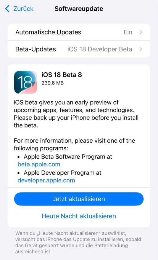 漳平苹果手机维修分享苹果 iOS / iPadOS 18 开发者预览版 Beta 8 发布 